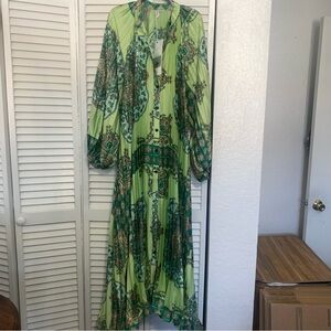 Oversized Pleated Maxi Shirt Dress In Green Scarf Print Sz 3X